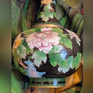 Floral Vintage Cloisonné Black Vase with Lush Green and Pink Accents